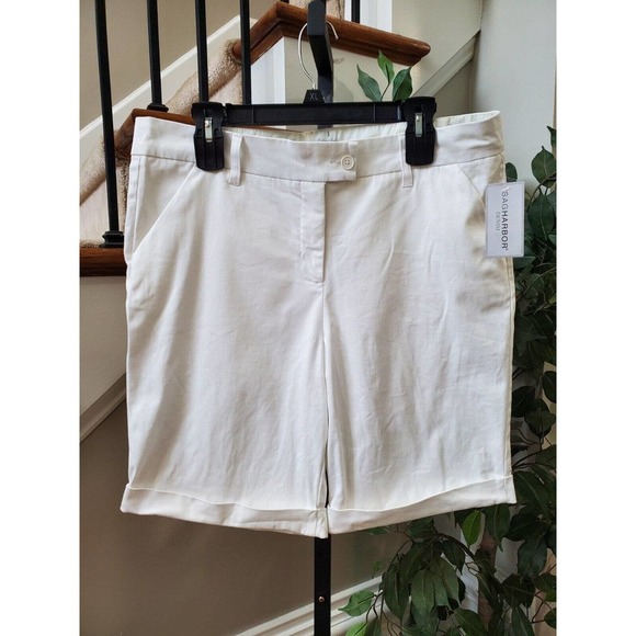 Sagharbor Women's White Denim Cotton Flat Front Bermuda Chino Cuffed Shorts 12 - Picture 1 of 12